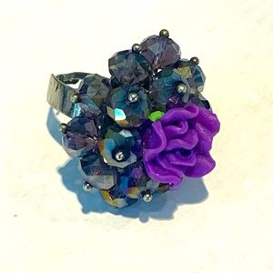 Crystal hand beaded clay flower ring